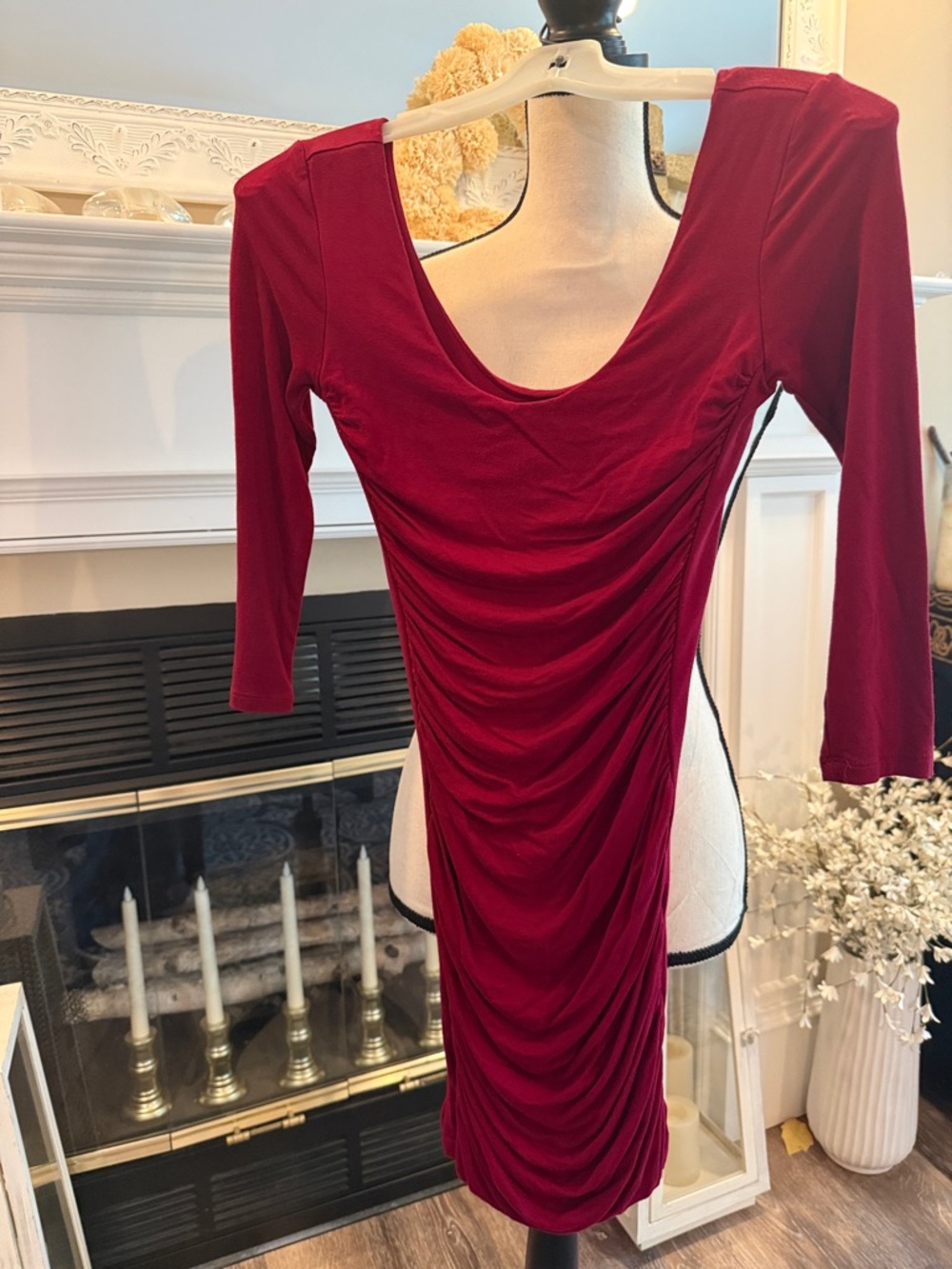 Forever 21 Burgundy Ruched Long Sleeve Scoop Neck Dress